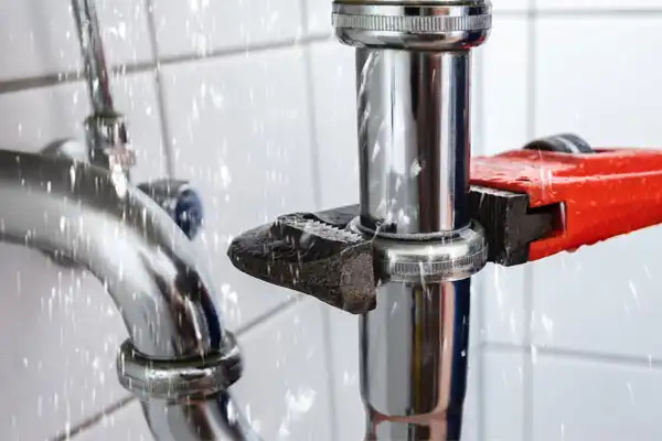 A pipe with water leaking from the joint is being tightened with a red adjustable wrench in a tiled setting.