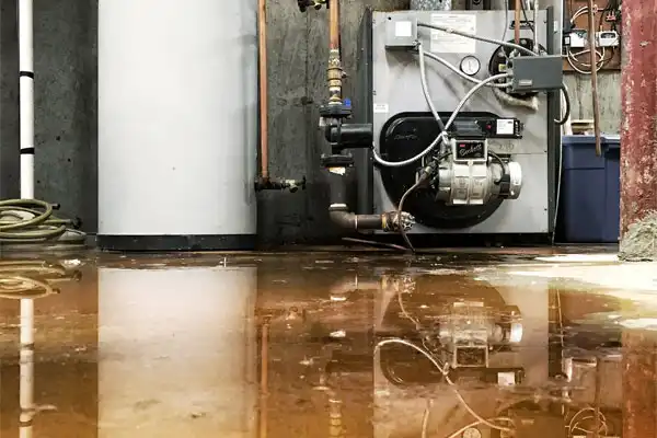 A basement with a water heater and boiler, surrounded by pipes and electrical wires. The floor is covered with a pool of muddy water, reflecting the surrounding equipment.