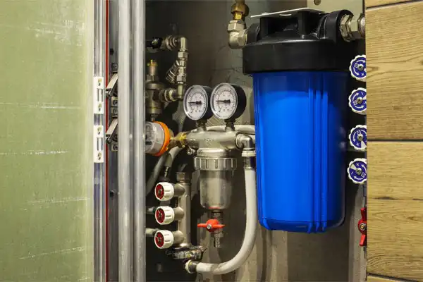 Plumbing system featuring various pipes, valves, gauges, and a large blue water filter unit.