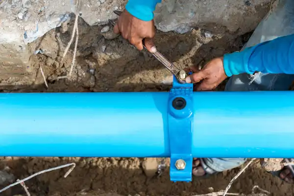 A person uses a wrench to tighten a bolt on a blue metal pipe in a trench. Soil surrounds the area.