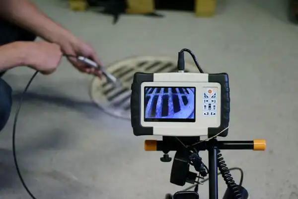 Person using a handheld inspection camera with a monitor displaying the inside view of a drain.