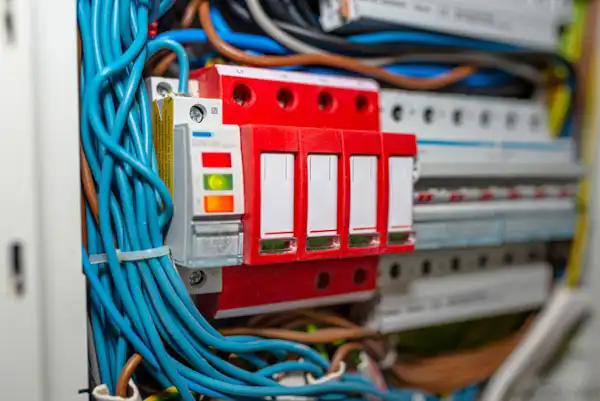 Close-up of an electrical panel with multiple blue wires and a red circuit breaker switch.