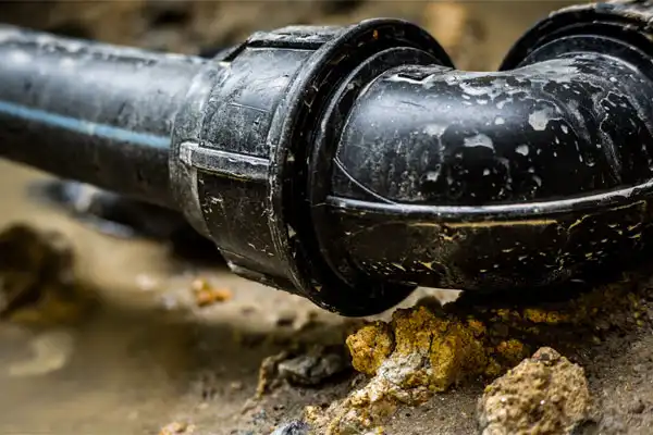 Close-up of a black plastic pipe with a joint, lying on wet, muddy ground.