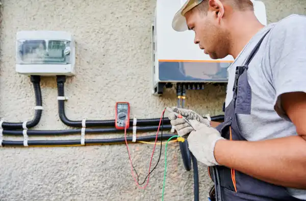 Technician in gloves and cap uses a multimeter to check electrical connections on a wall-mounted unit.